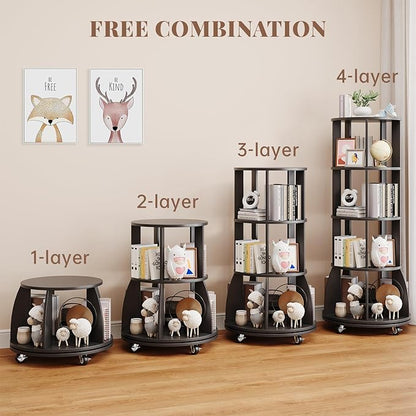 4 Tier Rotating Bookshelf with Brake Wheels, 360° Spinning Bookcase, Vertical Floor Standing Revolving Bookshelf Organizer for Small Spaces, Corner, Living Room, Bedroom, Black