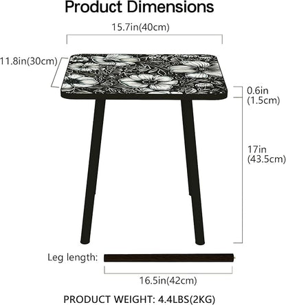 Mandala Small Rectangle End Table, Side Table with Black Flowers Finish, Retro Modern Small Coffee Table for Balcony, Living Room(11.8" D x 15.7" W x 17" H, Black, Rectangle)