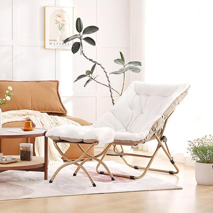Comfy Folded Chair with Ottoman, Oversized Folding Faux Fur Chair Soft Furry Lounge Lazy Chair with Metal Frame Moon Chair Accent Chair for Bedroom, Living Room, Dorm Rooms