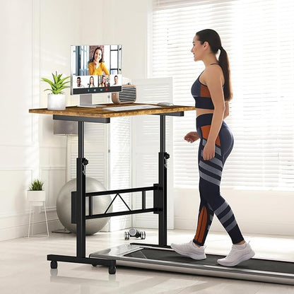Klvied Small Standing Desk Adjustable Height, Mobile Table with Wheels, Portable Laptop Table, Standing Computer Desk for Walking Pad (Brown)