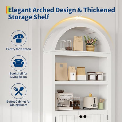 GAOMON 72'' Tall Arched Cabinet, 5 Tier Arched Bookshelf with Double Doors & Adjustable Shelf, Wooden Bookcase with Storage for Living Room, Bedroom, Study, Kitchen, Home Office, White
