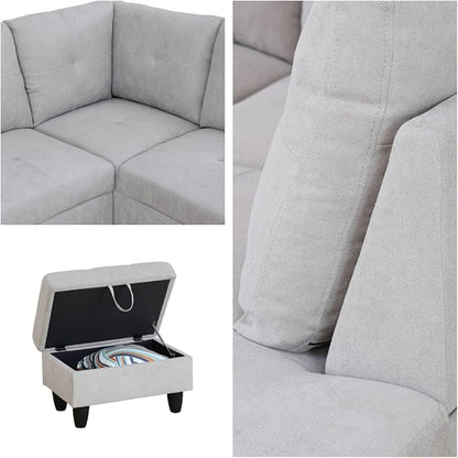 Convertible Sectional Couch, Large L Shaped Couch with Storage, Modern Modular 5-Seat Sectional Sofa with Ottomans for Living Room and Office, Light Grey