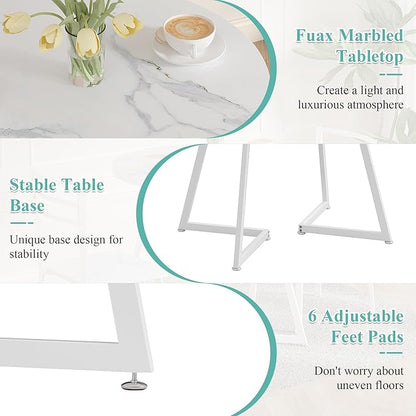 VECELO Round Dining Room Table with Wood Grain Tabletop and Steel Frame, for Kitchen, Living Room, Office, Conference, 2 to 4 Person, Fuax Marbled & White