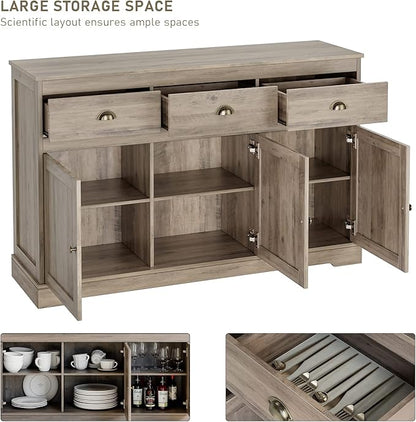 Keyluv Buffet Storage Cabinet, Sideboard Farmhouse Server Bar Wine Cabinet with 3 Drawers & 3 Doors Adjustable Shelves Console Table for Kitchen, Dining Living Room Cupboard, Grey Wash