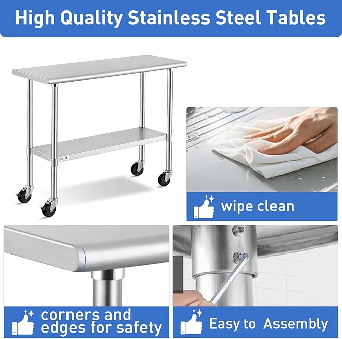ROCKPOINT Stainless Steel Table for Prep & Work with Caster Wheels 24x72 Inches, NSF Metal Commercial Kitchen Heavy Duty Table with Adjustable Under Shelf and Table Foot for Restaurant, Home and Hotel