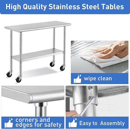 ROCKPOINT Stainless Steel Table for Prep & Work with Caster Wheels 24x60 Inches, NSF Metal Commercial Kitchen Heavy Duty Table with Adjustable Under Shelf and Table Foot for Restaurant, Home and Hotel