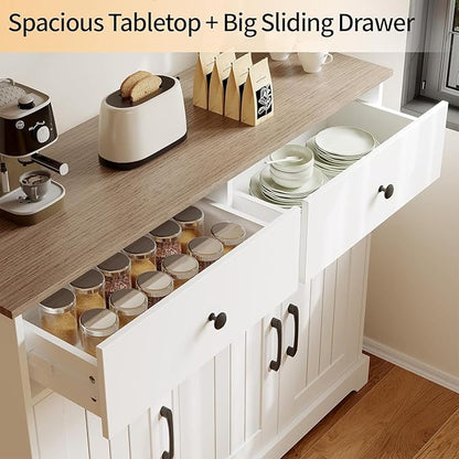 Farmhouse Large Buffet Sideboard Storage Cabinet 42 Inch with Adjustable Shelf, Drawers, and Sliding Barn Doors, Wooden Coffee Bar Kitchen Table for Entryway, Dining Room, and Living Room