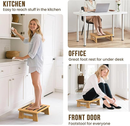One Step Stool for Adults Seniors and Kids with Non-Slip Surface, Natural Bamboo Stepping Stools for High Bed, Bathroom and Kitchen, Hold Up to 450 LBS, Lightweight, Waterproof, Easy to Install