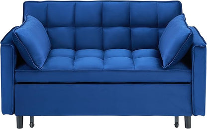 Ball & Cast 55" Convertible Sofa Bed,3 in 1 Sleeper Sofa W/Pull-Out Bed,Convertible Pull Out Couch W/2 Pillows,Adjustable Backrest & Side Pocket,Velvet Futon Couches for Living Room,Apartment,Blue