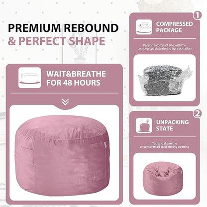 HABUTWAY Bean Bag Chair 3Ft Luxurious Velvet Ultra Soft Fur with High Rebound Memory Foam Bean Bag Chairs for Adults Plush Lazy Sofa with Fluffy Sponge 3' (Soft Pink)