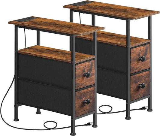 HOOBRO Set of 2 Narrow End Tables with Charging Station, Slim Side Table with 2 Fabric Drawers, Skinny Nightstand with Storage, Slim Bedside Table for Small Spaces, Rustic Brown and Black BF487UBZP201