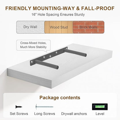 Fun Memories White Floating Shelves, 8 Inch Deep Wall Shelves Set of 2, Rustic Deep Shelves for Wall Storage, 24 x 8 Floating Shelves, 8" Deep White Shelves for Bedroom, Living Room, Kitchen