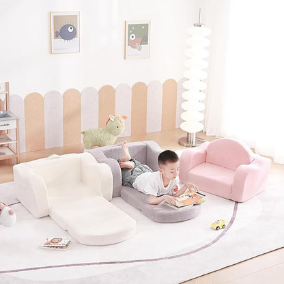 Tiita Kids Sofa, 2-in-1 Kid Sofa Chair, Convertible Chirldren Couch to Lounger, Flip Out Kids Sofa Chair, Toddler Armrest Chair Bed, Folding Kids Play Sofa for Girl or Boy, Grey
