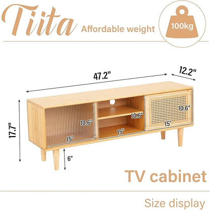 Tiita Rattan TV Stand for 55 Inch TV, Bamboo TV Cabinet with Adjustable Shelf and Storage, Boho Entertainment Center, Mid Century Modern Media Console for Bedroom, Living Room, Study (Natural)
