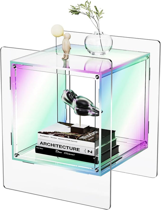 Acrylic Nightstand Colorful Bedside Table with Open Storage Shelf,Clear Side Table for Living Room (1, Iridescent)