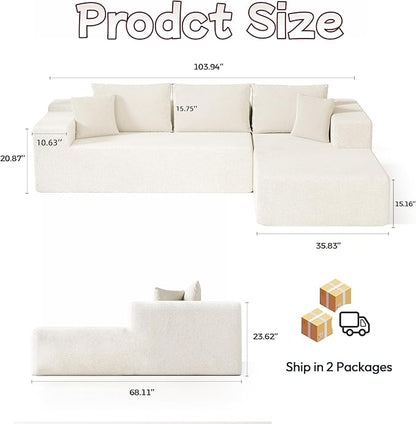 Cloud Sectional Couch, 104”L-Shape Oversized Sofa with Left Chaise Lounge, Modular Sleeper Couch with Pillows & Deep Seat, Rain Drop Velvet Fabric Compressed Sofa for Living Room, Beige