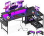 ODK 58 Inch Gaming Desk with USB Charging Ports and LED Lights, Reversible L Shaped Computer Desk with Storage Shelves & Monitor Stand, Corner Gamer Desk Table with Power Outlets, Black