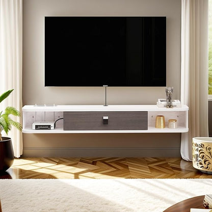 Pmnianhua Floating TV Console, 70'' Wall-Mounted Media Console TV Cabinet Floating TV Stand Entertainment Shelf with Door and Storage (Grayish-White)