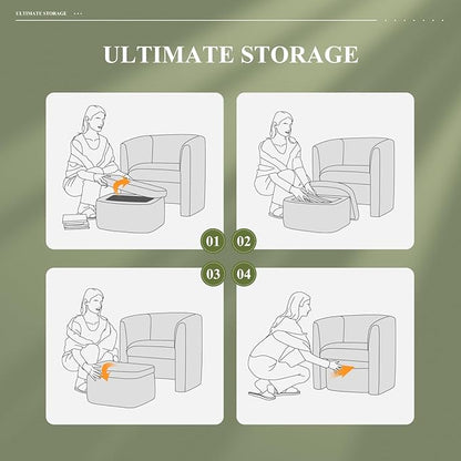 COLAMY Morden Velvet Living Room Side Chair with Storage Ottoman Set of 2, Single Sofa Armchair with Lounge Seat, Upholstered Barrel Accent Chair for Bedroom/Office/Reading Spaces, Green