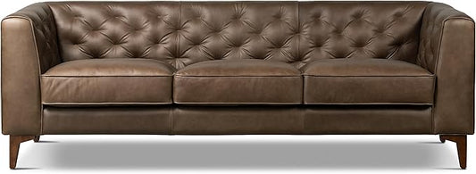 POLY & BARK Essex Leather Couch - 89-Inch Sofa with Tufted Back - Full-Grain Leather Sofa for Living Room with Feather-Down Topper - Living Room Couch - Vintage Italian Leather in Cocoa Brown