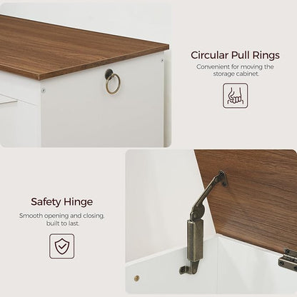 39.4" Toy Chest, Sturdy Entryway Storage Chest with Safety Hinges, Retro Toy Box, Wooden Look Accent Furniture for Living Room, Bedroom, White+Walnut SCBZ48101