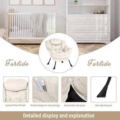 Lazy Chair with Ottoman, Modern Chair with Folding Footrest, Lounge Accent Chair, Comfortable Reading Chair, Oversized Armchairs for Bedroom, Study, Living Room, Courtyard (Beige)