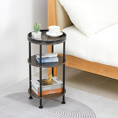 Small Round Side Table for Small Spaces, 3-Tier Round Accent Table Slim Side Table, Modern Sofa Corner Table for Living Room Nightstand Bedroom (Grey)