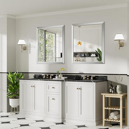 36x32 Inch Silver Bathroom Mirror for Wall, Thick Metal Framed Rectangle Mirrors for Over Sink, Bedroom, Living Room, Entryway, Anti-Rust, HD Tempered Glass