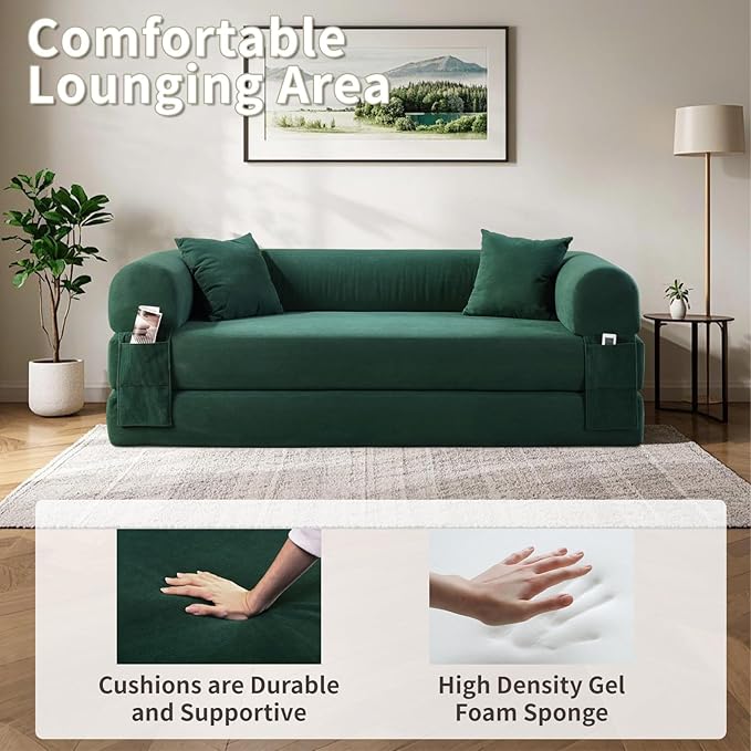 80" Convertible Sofa Bed, Corduroy Deep Seat Folding Pull Out Couch with Pillows, No Assembly Modern Boneless Couch Compression Sofa in Box, Floor Sofa with Storage Pocket for Living Room,Dark Green