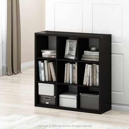 Furinno Cubicle Open Back Decorative Cube Storage Organizer, 9-Cube, Black Dark Oak