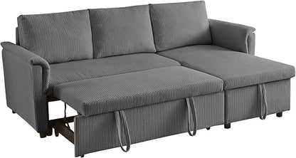 Ball & Cast Reversible Sectional Sofa Couch,L-Shape Sleeper Sofa Bed with Storage Chaise Pull Out Couch for Living Room | Hidden Storage | Pull Out Bed | Removable Backrest | Corduroy Fabric,Gray
