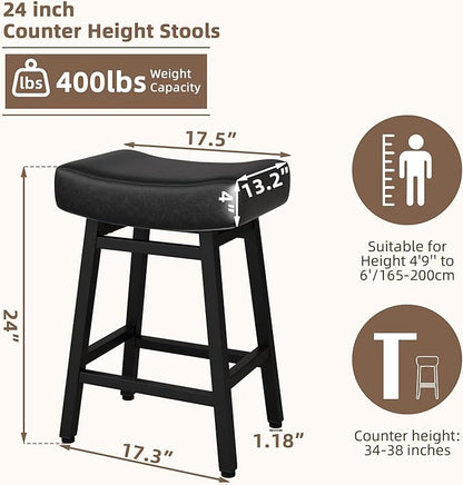Counter Height Bar Stools Set of 6, 24 Inch Backless BarStools for Kitchen Island Leather Saddle Bar Chairs Kitchen Stools with 4" Thick Seats & Heavy Duty Metal Base, Black