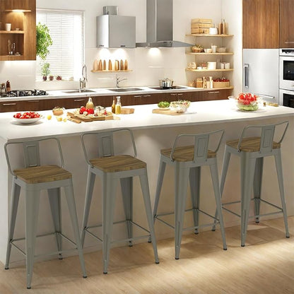 Rusty Bar Stools Set of 4, Metal Bar Stools with Wooden Seat, Modern 24”Counter Height Barstools with Low Back