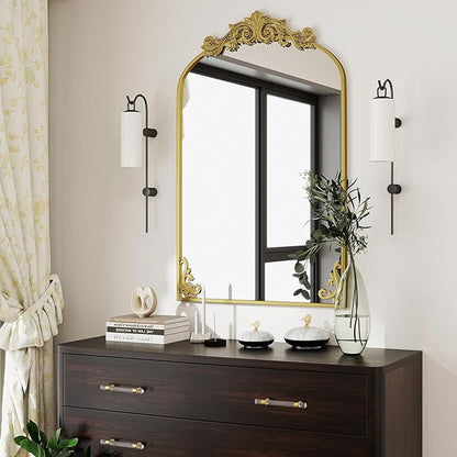 26x38 inch Vintage Arched Bathroom Mirror - Gorgeous Wall Vanity Mirror with Beautiful Retro Top and Bottom Engraving Process Frame for Entryway Hallway Living Room, Gold
