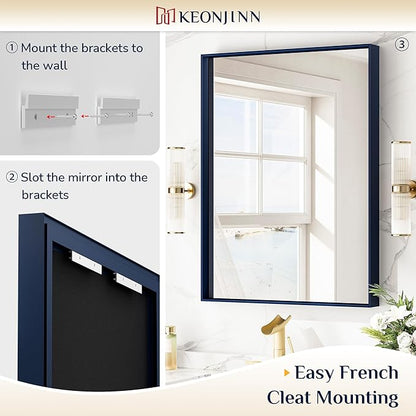 Keonjinn 42 x 36 Inch Blue Framed Mirror Bathroom Vanity Mirror for Wall Metal Frame Rectangle Navy Blue Bathroom Mirror Large Square Corner Modern Farmhouse Mirror for Over Sink(Horizontal/Vertical)