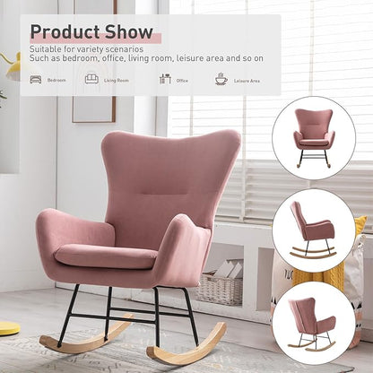 Phoenix Home Rocking Chair Nursery Velvet Upholstered Glider Rocker Rocking Accent Chair Padded Seat with High Backrest Armchair Comfy Side Chair for Living Room Bedroom Offices, Pink