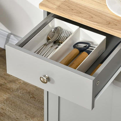 HOMCOM Sideboard with Solid Wood Countertop, Modern Kitchen Storage Cabinet, Coffee Bar Cabinet with 3 Drawers, Doors and Adjustable Shelf, Gray