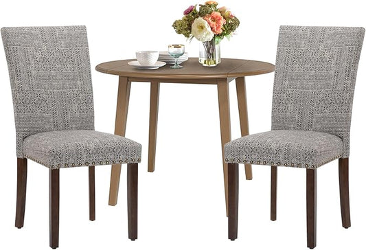 COLAMY 3-Piece Extendable Dining Table Set for 2, 36" Kitchen Round Wood Table with 2 Nailhead Dining Room Chairs,Light Brown/Boho