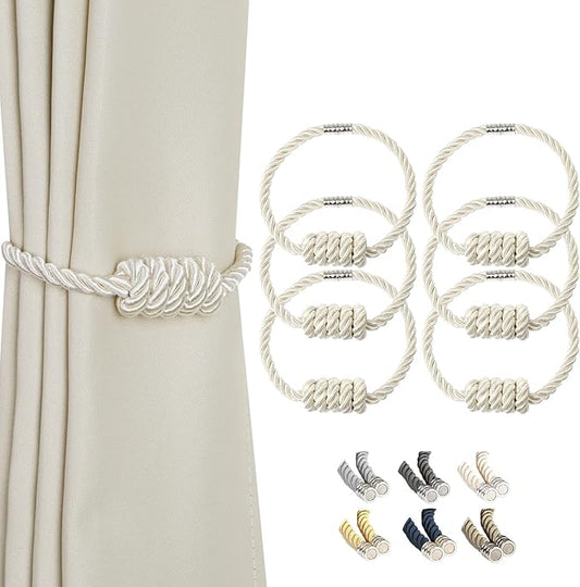 BEL AVENIR Magnetic Curtain Tiebacks, Decorative Drapery Holdbacks Modern Woven Tie-Backs with Exquisite Knot (Beige, 6 Pack)