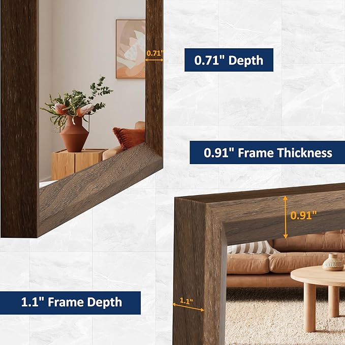 WEER Walnut Bathroom Mirror, Walnut Framed Mirror 36X36 Inch, Rectangle Wall Mounted Bathroom Vanity Mirror with Tempered Glass, Hangs Vertically or Horizontally, Anti-Rust