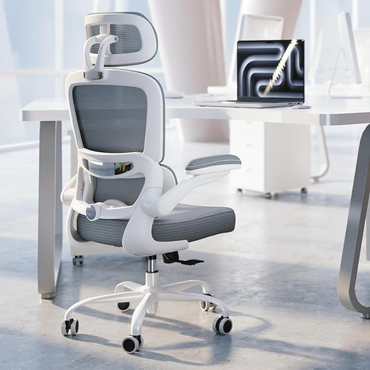 TRALT Ergonomic Office Chair - Desk Chair with Adjustable Headrest Lumbar Support Computer Chair - Mesh Comfy Chair with Flip-up Armrests - Gaming Chairs for Adults Home Office (Leather, Grey)
