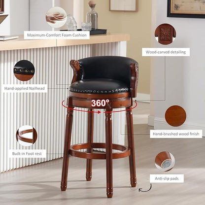 Cow top Leather Wooden Bar Stools, 29.5" Bar Height Bar Chair with Back, 180 Degrees Swivel Barstools Chair for Home Kitchen Counter,Dining Room (Black-1pc, Bar Height-Seat Height 29.5”)