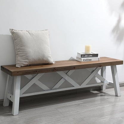 Wnutrees 54" Farmhouse Wood Bench, Rustic Solid Wood Entryway Bench Seat with Double X-Structure for Dining Room, Living Room, Hallway, Structural Stability, White