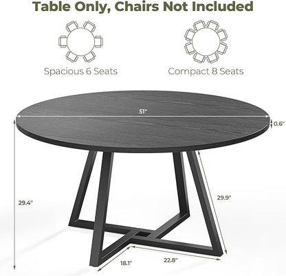 IRONCK 51" Round Dining Table for 6, Wood Kitchen Table with Metal Base, Space Saving Industrial Circle Dinner Table for Kitchen Dining Room, Black