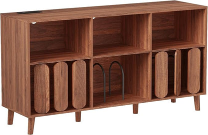 Large Record Player Stand, Record Player Table Vinyl Record Storage Holder Records Cabinet Organizer with Power Outlet for Living Room, Walnut