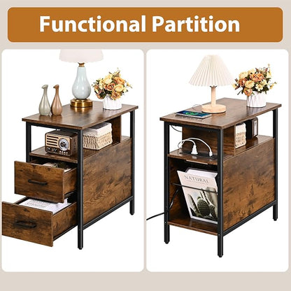 Side Tables with Charging Station, Narrow End Table with 2 Wooden Drawers, USB Ports and Power Outlets, Narrow Nightstand and Bedside Table, Side Tables Living Room, Bedroom, Brown