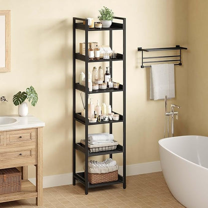 Rolanstar Bookshelf, 6-Tier Storage Rack, Narrow Corner Bookshelf, Display Wooden Shelves for Living Room, Bathroom, Balcony, Kitchen,Black