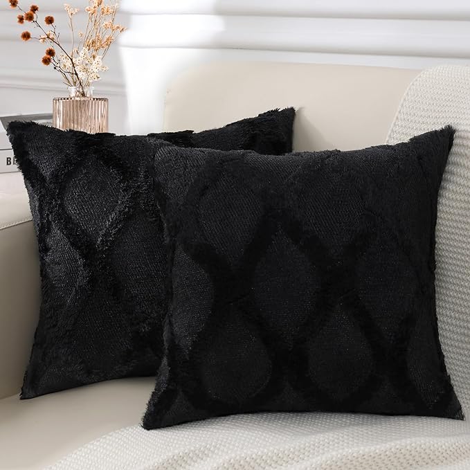 decorUhome Throw Pillow Covers 22x22 Inch Set of 2, Soft Plush Faux Fur Wool Black Couch Pillow Covers, Decorative Neutral Pillow Cases for Bed Sofa Living Room Home Decor