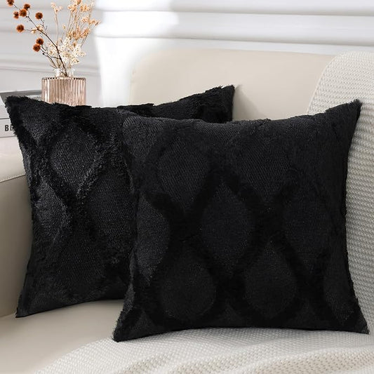 decorUhome Throw Pillow Covers 24x24 Inch Set of 2, Soft Plush Faux Fur Wool Black Couch Pillow Covers, Decorative Neutral Pillow Cases for Bed Sofa Living Room Home Decor