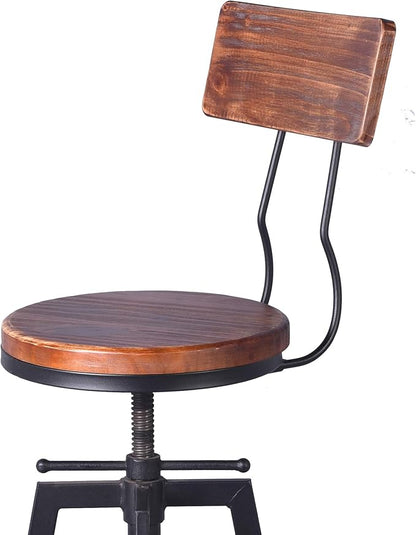 Diwhy Industrial Bar Stool Wood Metal Bar Stool,Adjustable Height Swivel Counter Height Bar Chair with Backrest,Black,Fully Welded Set of 2 (Brown Wooden Top with Wooden Backrest)
